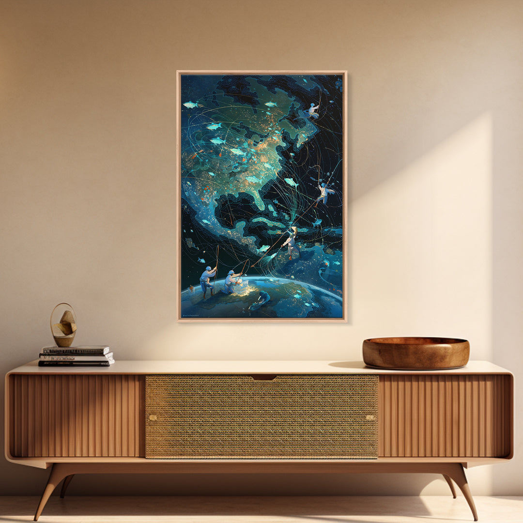 Glowing North America Fishing Map Wall Art, Whimsical Ocean Canvas Print, Teal Adventure Decor For Office And Living Room