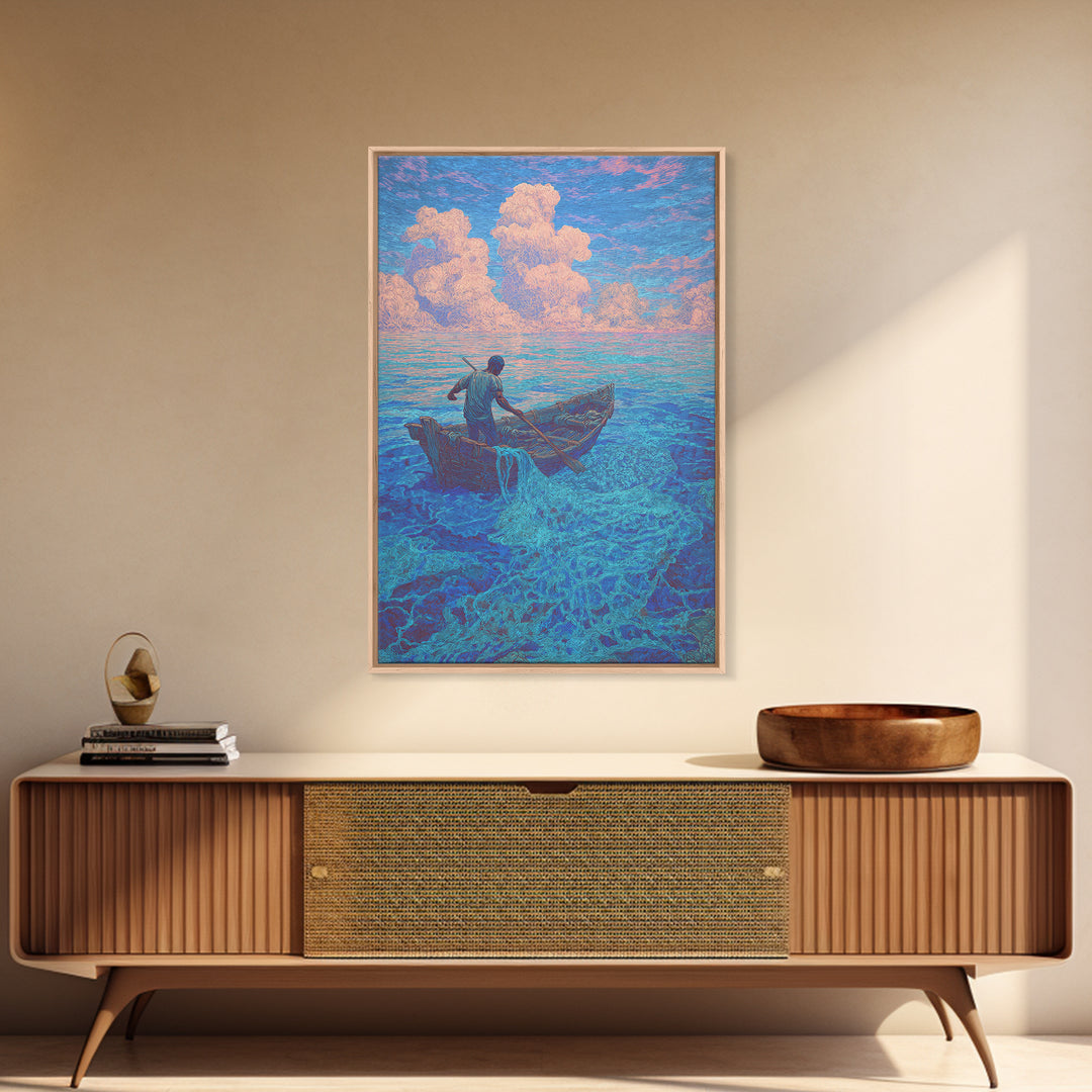 Lone Fisherman On Turquoise Sea Canvas Print, Dreamy Tropical Wall Art, Coastal Nature Decor For Bedroom And Office Gift