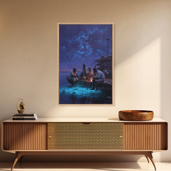 Night Fishermen With Glowing Nets Framed Canvas Print, Blue Coastal Wall Art, Contemporary Harbor Decor For Home Office Gift