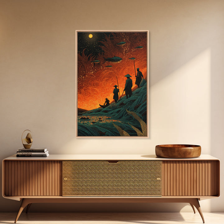 Silhouetted Travelers Under Fiery Sky Wall Art, Orange Sci Fi Canvas Print, Surreal Adventure Decor For Office Gift And Home