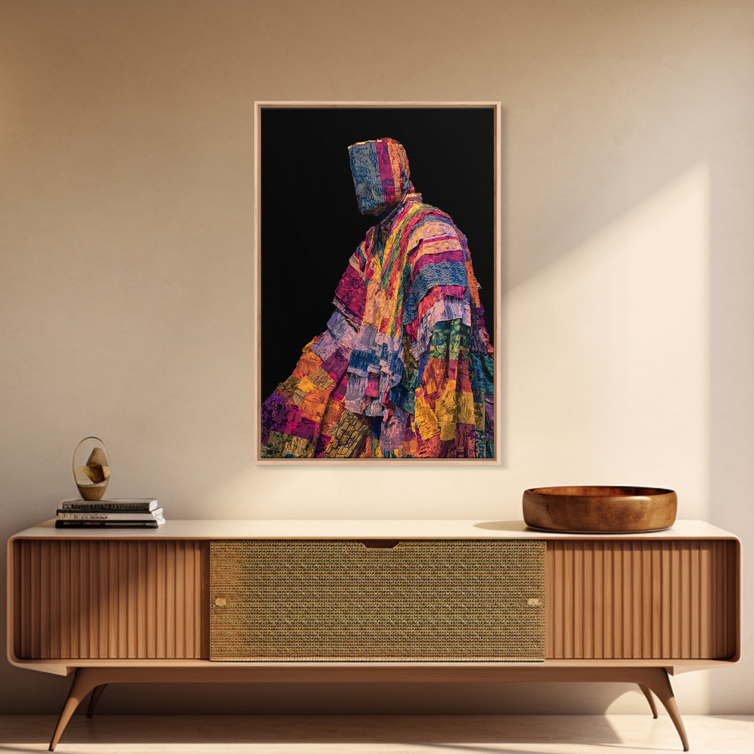 Masked African Textile Seated Figure Framed Canvas Print, Afrocentric Portrait, Vibrant Tribal Art, Cultural Wall Decor Gift