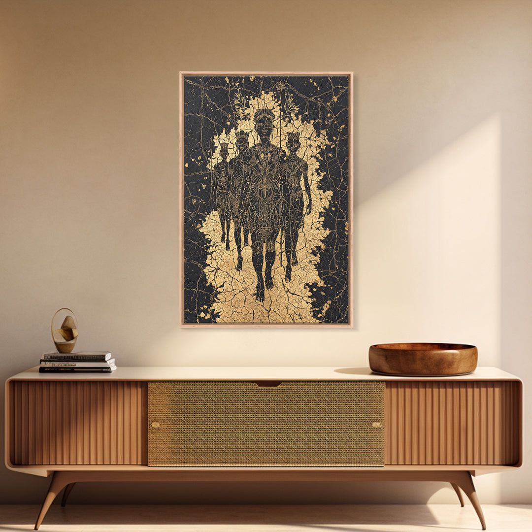 Golden Ancestral Silhouette Trio Wall Art, African Abstract Figures, Black Culture Art, Spiritual Afrocentric Decor Gift
