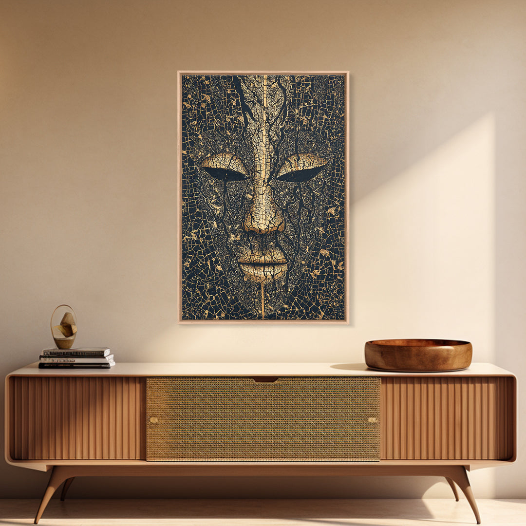 Cracked Gold African Mask Face Canvas Print, Abstract Tribal Portrait, Black And Gold Art, Afrocentric Wall Decor For Home