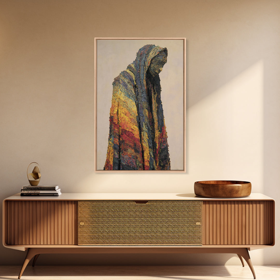Hooded African Wanderer Wall Art, Textured Robe Portrait, Abstract Afrocentric Figure, Earth Tone Cultural Decor Canvas Print