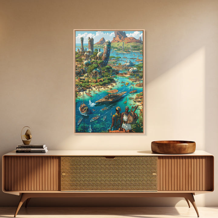 Afrofuturist Coastal African City With Boats Wall Art, African Art Prints, Afrocentric Decor, Vibrant Travel Poster, Living Room Decor