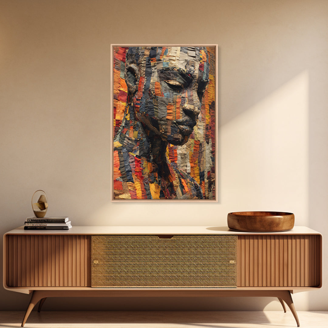 Textured African Woman Portrait Canvas Print, African Fabric Art, Black Female Art, Melanin Artwork, Cultural Home Decor