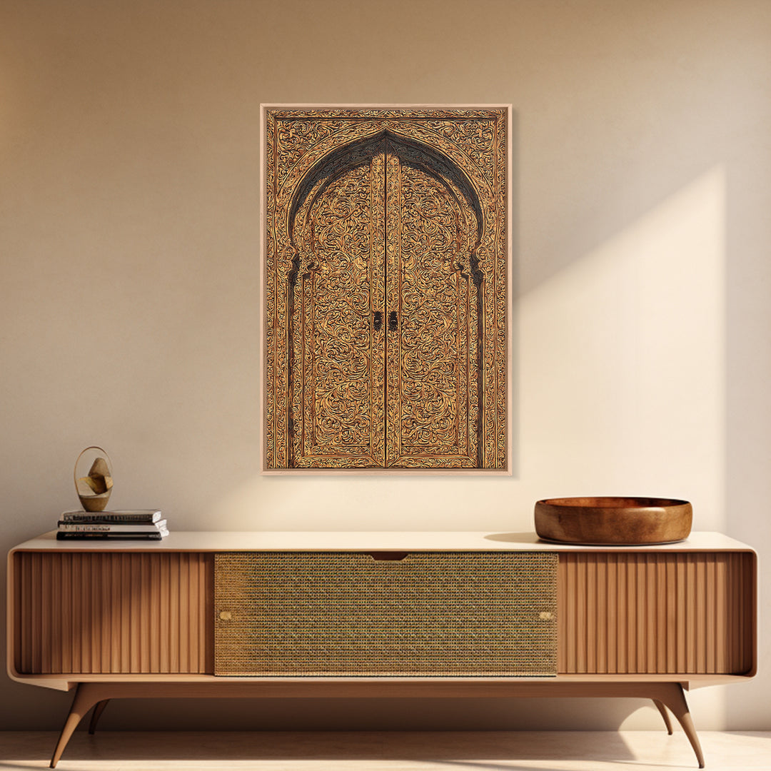Golden Floral African Carved Door Canvas Print, African Art Decor, Elegant Home Decor, Bohemian Wall Decor, Wood Patterns