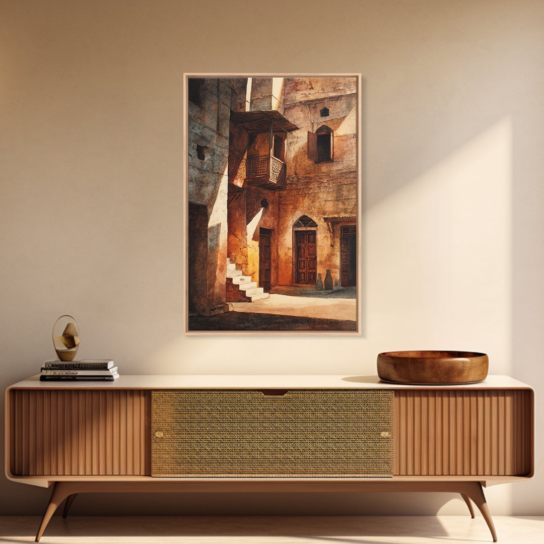 Sunlit African Stone Alley Framed Canvas Print, Moroccan Travel, African Architecture, Cultural Wall Decor, Rustic Home Decor