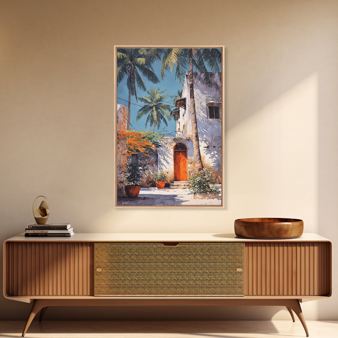 White Coastal African Courtyard Wall Art, Palm Tree Accent, Morocco Africa, Travel Poster, Bohemian Decor Art, Unique Wall Decor