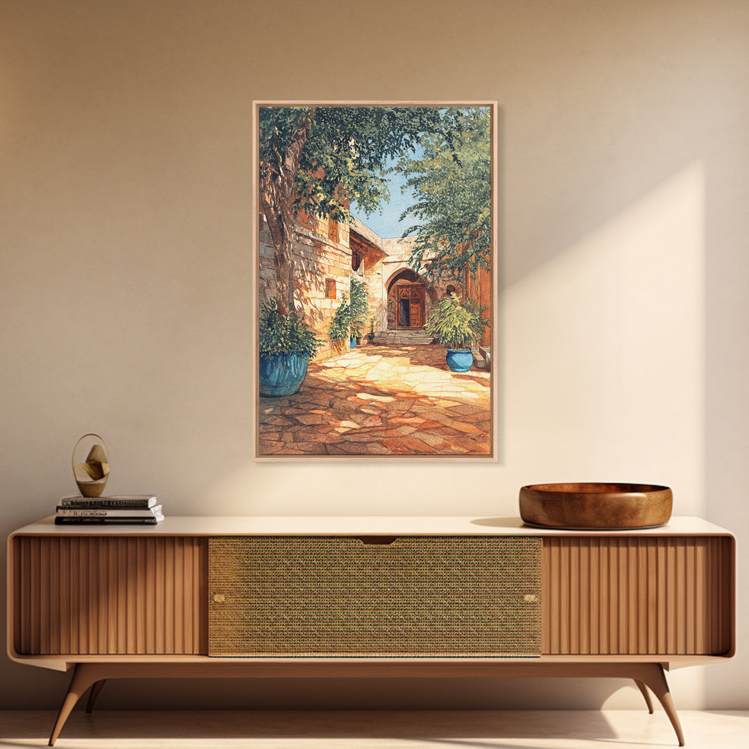 Leafy Stone African Courtyard Canvas Print, Elegant Home Decor, Cultural Wall Decor, Africa Painting, Living Room Decor Gift