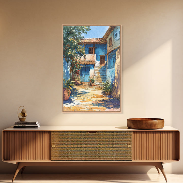 Blue African Village Courtyard Wall Art, Rustic Architecture, Africa Wall Decor, Travel Poster, Boho Home Decor, Unique Canvas
