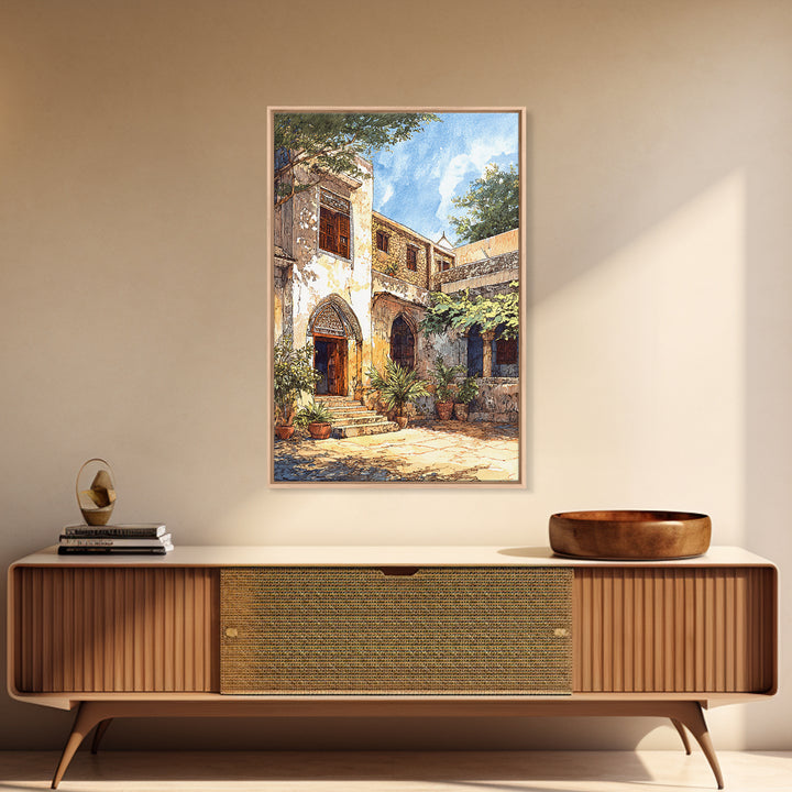 Historic African Stone Courtyard Canvas Print, Carved Door, Africa Painting, Cultural Wall Decor, Travel Poster, Elegant Home Decor