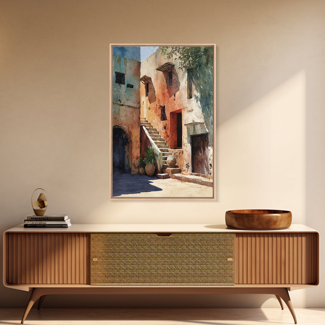 Sunlit Adobe African Alley Canvas Print, Terracotta Art Print, Rustic Decor, Cultural Wall Decor, Africa Painting, Unique Gift