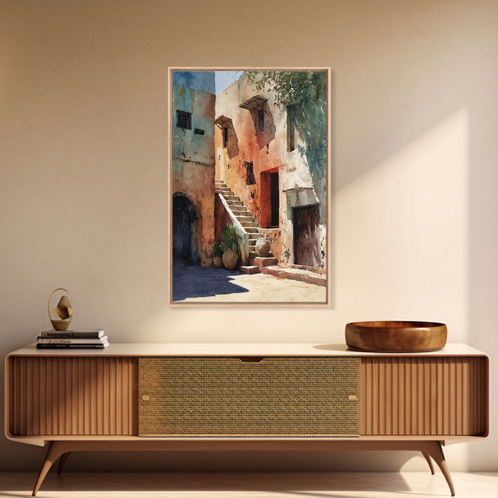 Sunlit Adobe African Alley Canvas Print, Terracotta Art Print, Rustic Decor, Cultural Wall Decor, Africa Painting, Unique Gift