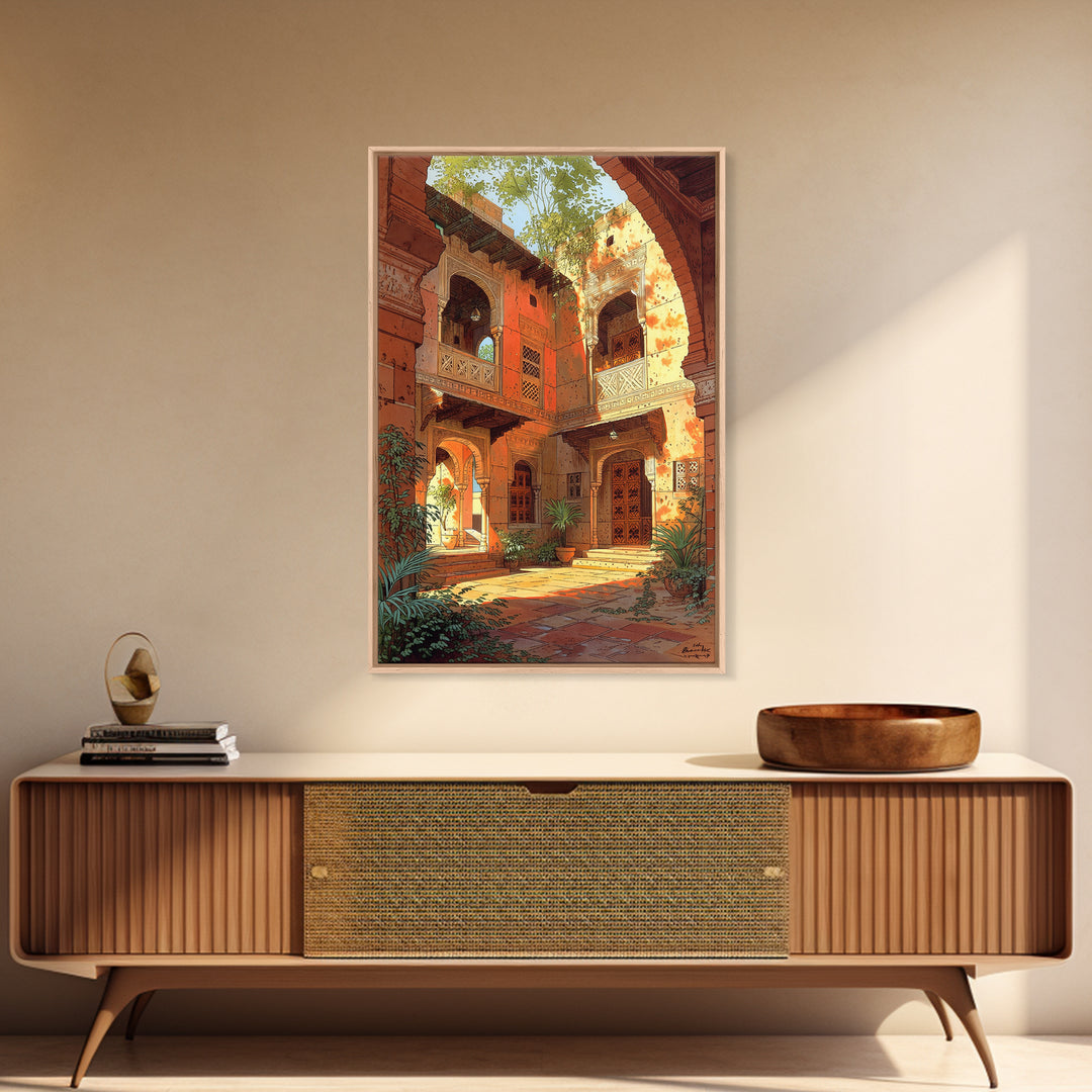 Sunlit Moroccan Courtyard With Arches Wall Art, African Inspired Home Decor, Terracotta Travel Poster, Boho Living Room Print