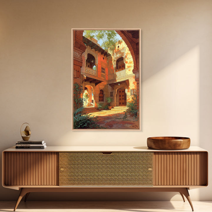 Sunlit Moroccan Courtyard With Arches Wall Art, African Inspired Home Decor, Terracotta Travel Poster, Boho Living Room Print