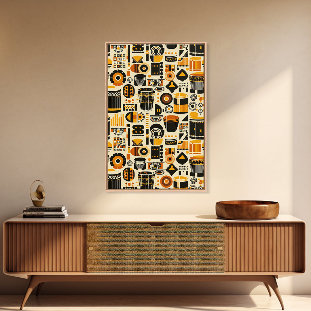 Bold African Drum Pattern Canvas Print, Tribal Textile Art, Orange Black Home Decor, Afrocentric Wall Decor Gift For Music Room