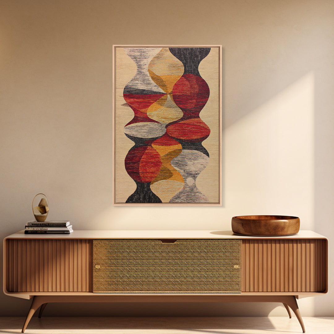 Earth Tone Abstract Textile Framed Canvas Print, African Fabric Inspired Geometric Wall Decor, Boho Minimalist Home Art Gift