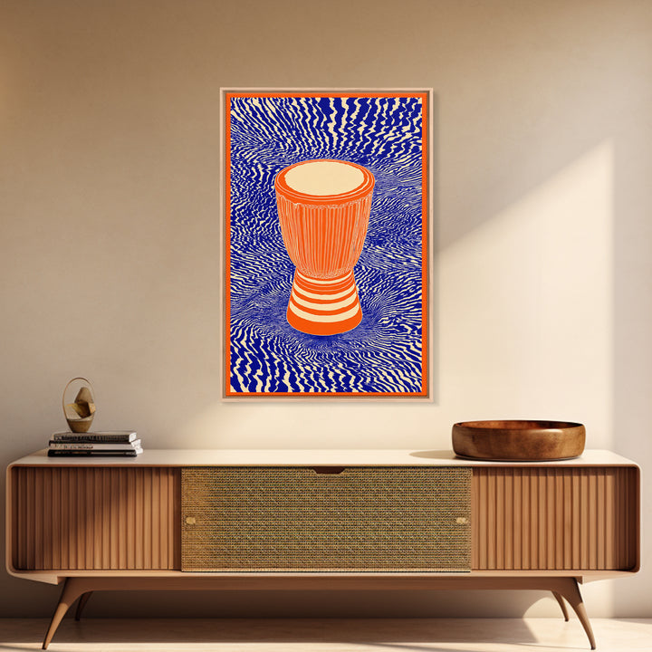 Orange Djembe Drum With Blue Waves Canvas Print, African Music Wall Art, Vibrant Tribal Decor, Bold Afrocentric Gift Print