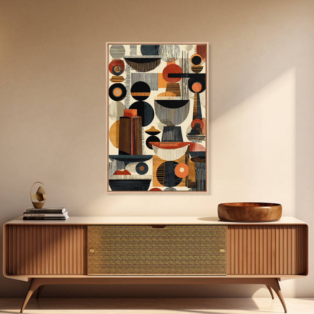 Midcentury African Abstract Shapes Wall Art, Terracotta Black Geometric Canvas Decor, Modern Tribal Home Decor Gift For Office