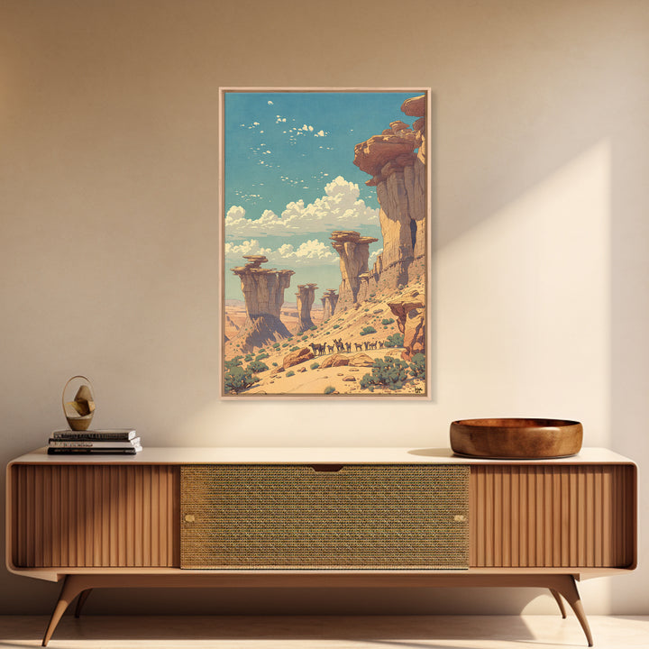 Desert Caravan Rock Pillars Wall Art, African Landscape Travel Poster, Sahara Nature Scene, Warm Boho Home Decor Gift Print
