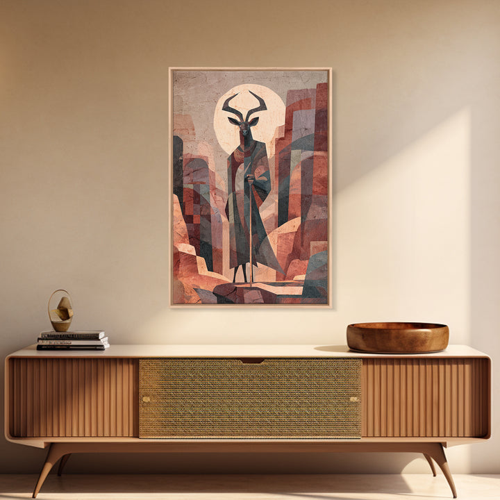 Antelope Mask Spirit In Abstract Cityscape Canvas Print, African Mask Art, Abstract African Art, Afrocentric Wall Art, Bold Decor