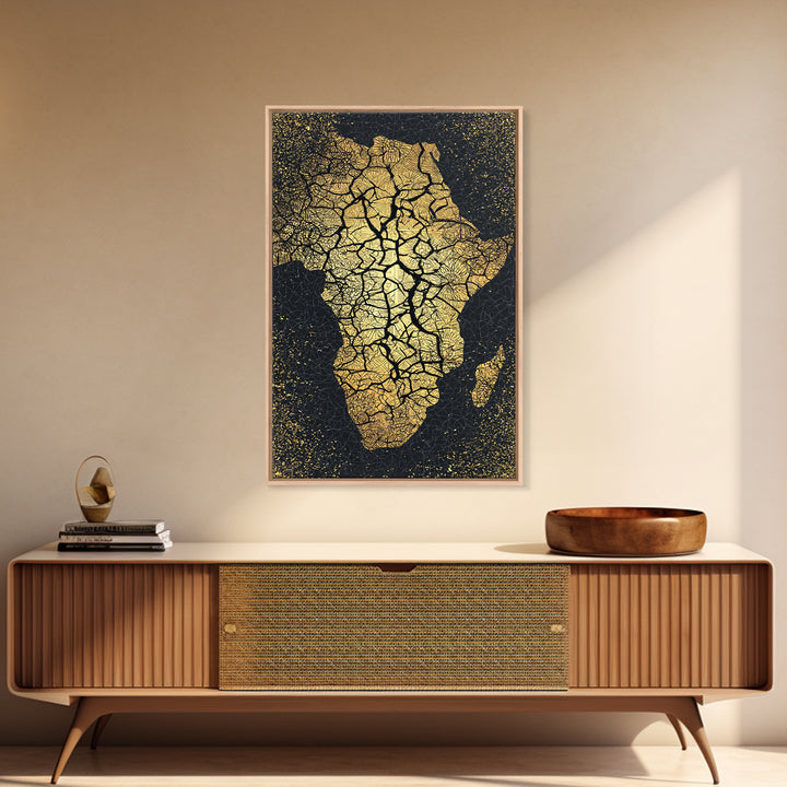 Cracked Gold Africa Silhouette Wall Art, Black Tree Root Canvas Print, African Landscape Decor, Motherland Artwork Gift Idea