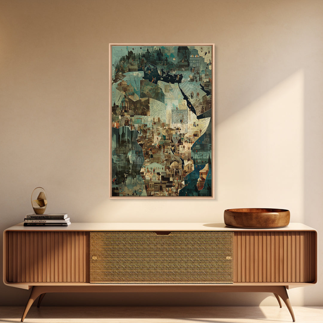Africa City Collage Wall Art, Teal Architectural Canvas Print, African Travel Poster, Modern Cultural Home Decor Artwork