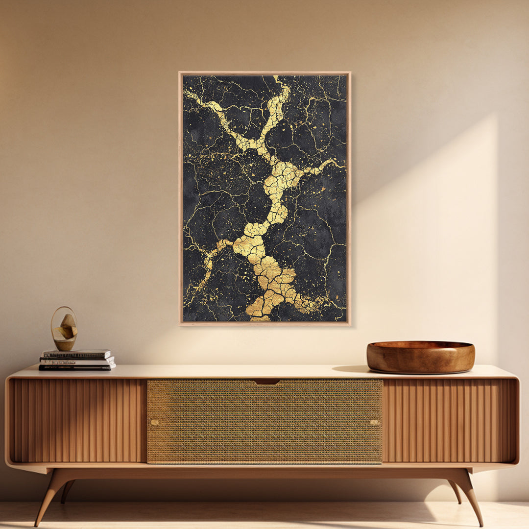 Black Gold Cracked Abstract Wall Art, Marble Texture Canvas Print, Luxury Modern Art, Earth Tone Home Decor Artwork Gift
