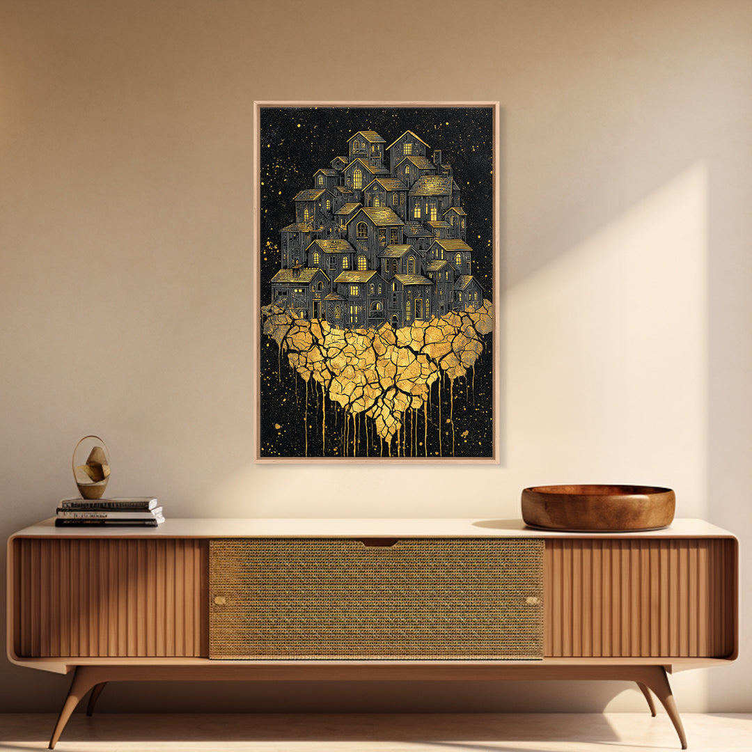 Golden Village On Africa Wall Art, Black Night Houses Canvas Print, Afrocentric Landscape Decor, Unique Motherland Artwork