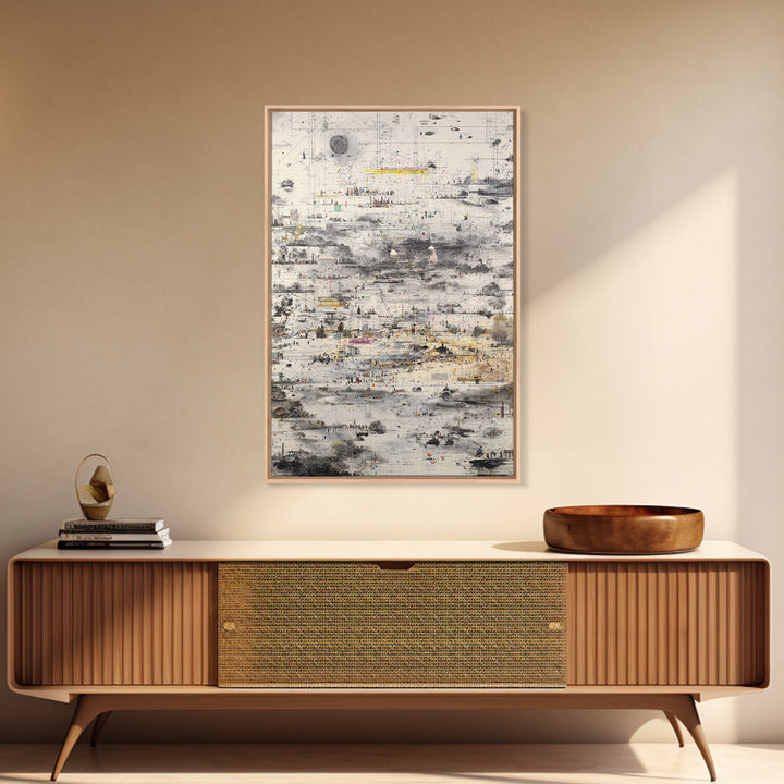 Abstract Monochrome City Grid With Tiny Figures Wall Art, Modern African Inspired Urban Map, Neutral Gallery Home Decor Print