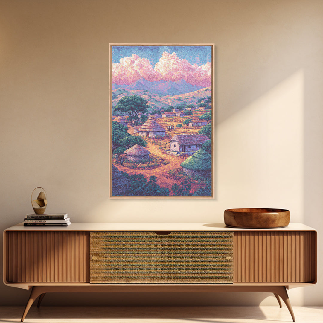 Colorful African Village Huts Beneath Pink Clouds Canvas Print, Mountain Landscape, Cultural Home Decor, Motherland Wall Art