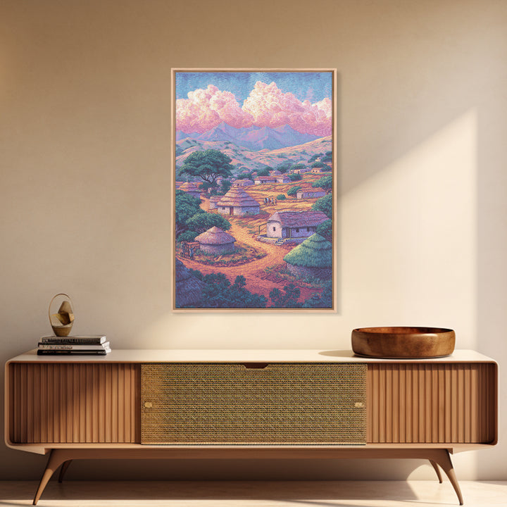 Colorful African Village Huts Beneath Pink Clouds Canvas Print, Mountain Landscape, Cultural Home Decor, Motherland Wall Art