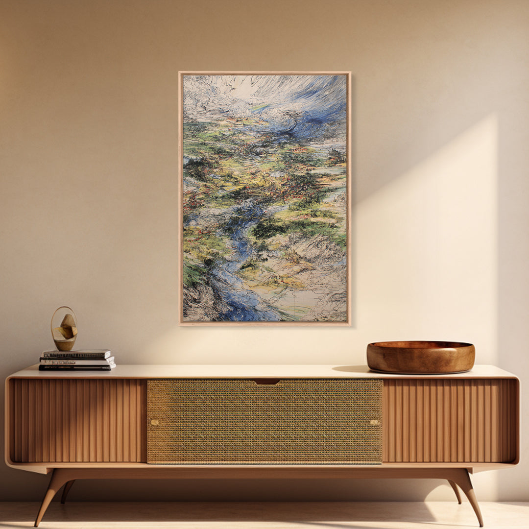 Sweeping River Valley And Mountain Village Wall Art, African Landscape Canvas Print, Textured Nature Scene For Living Room