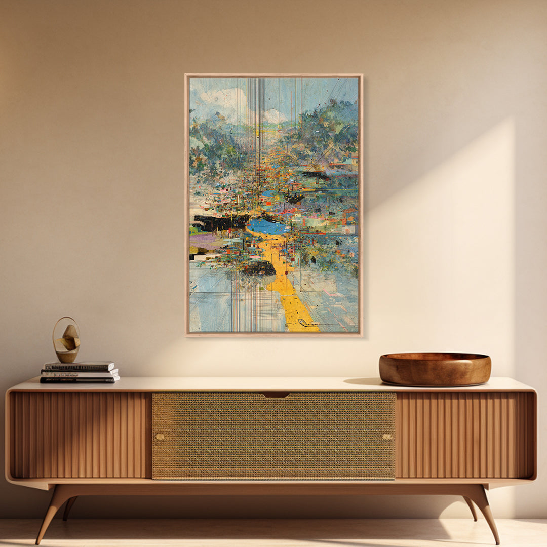 Abstract Riverside City With Golden Path Wall Art, Modern African Inspired Landscape Canvas Print, Colorful Home Decor Gift