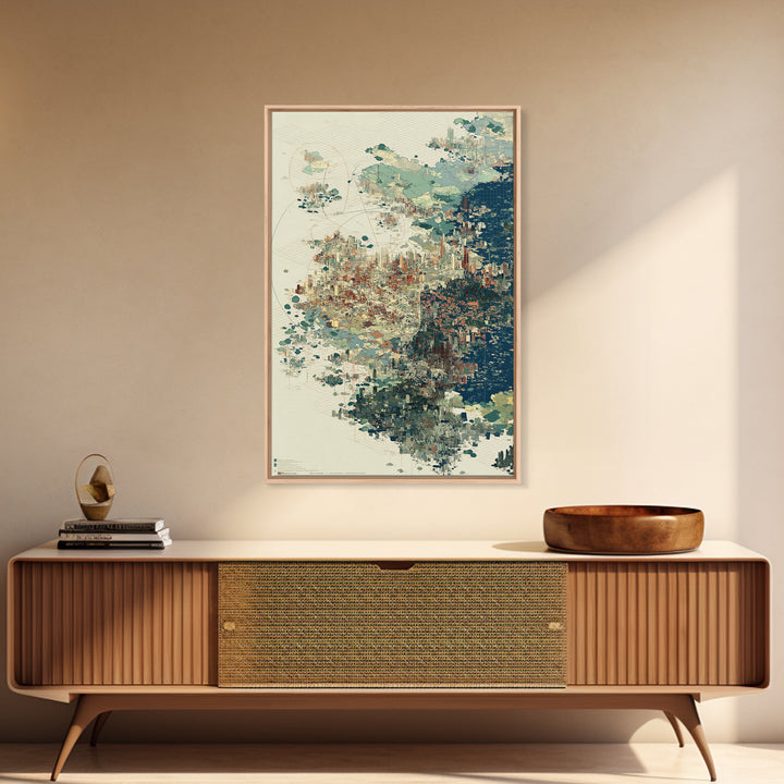 Abstract Coastal City Map In Teal And Indigo Canvas Print, Modern African Inspired Wall Art, Geometric Urban Home Decor Gift
