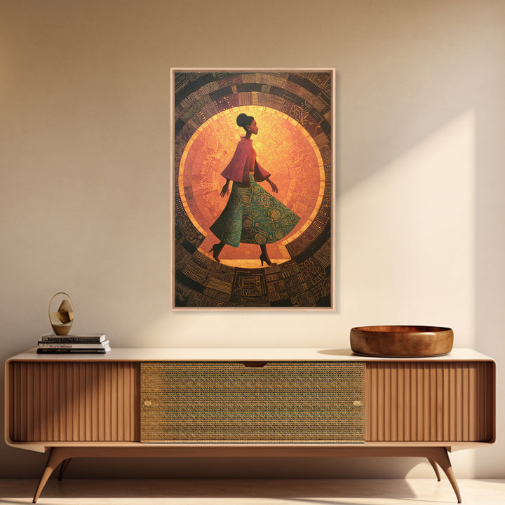 Elegant African Woman In Green Patterned Skirt Wall Art, Golden Halo Canvas Print, Afrocentric Black Beauty Home Decor Gift