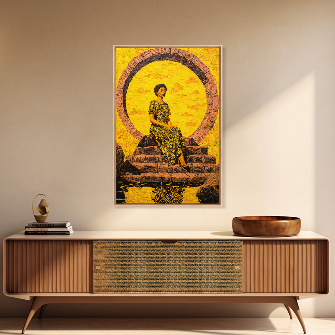 Golden African Woman By Sacred Stone Arch Canvas Print, Afrocentric Wall Decor, Black Queen Portrait, Ankara Home Decor Gift