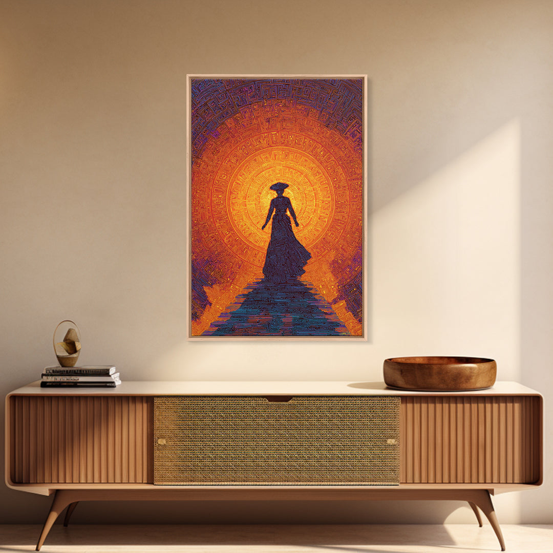 Silhouette Woman Before Sun Mandala Canvas Print, African Inspired Wall Decor, Burnt Orange Art, Feminine Spiritual Gift
