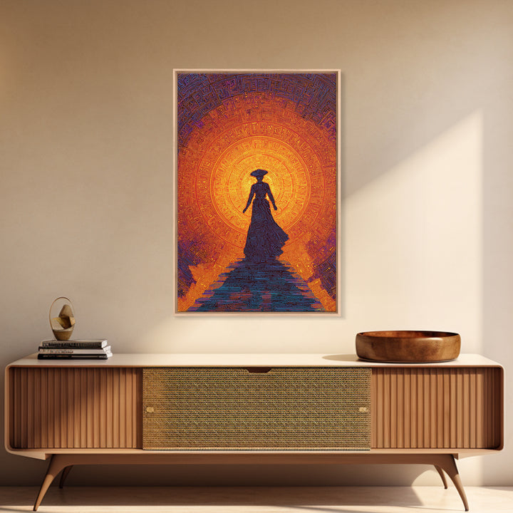 Silhouette Woman Before Sun Mandala Canvas Print, African Inspired Wall Decor, Burnt Orange Art, Feminine Spiritual Gift
