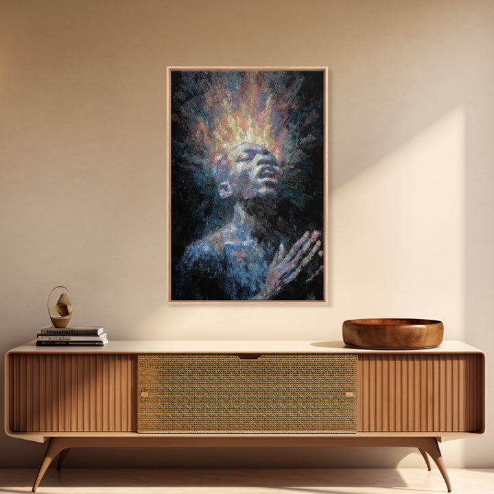 Praying Black Man With Radiant Spirit Framed Canvas Print, African American Art, Afrocentric Wall Decor, Meditation Gift