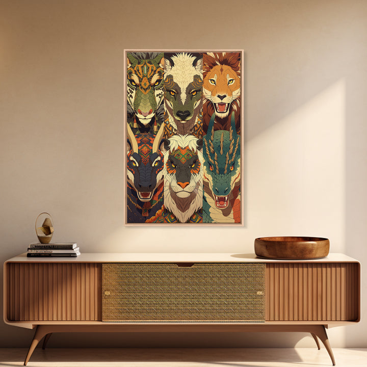 Six Tribal Safari Animal Totems Canvas Print, African Inspired Wall Decor, Lion Elephant Giraffe Dragon, Bold Home Decor