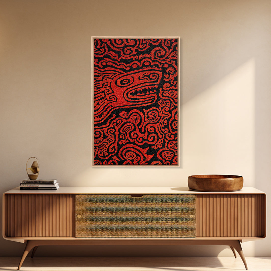 Red Tribal Lizard Pattern Wall Art, African Abstract Textile Art, Bold Ethnic Decor, Modern Black And Red Canvas Design Gift