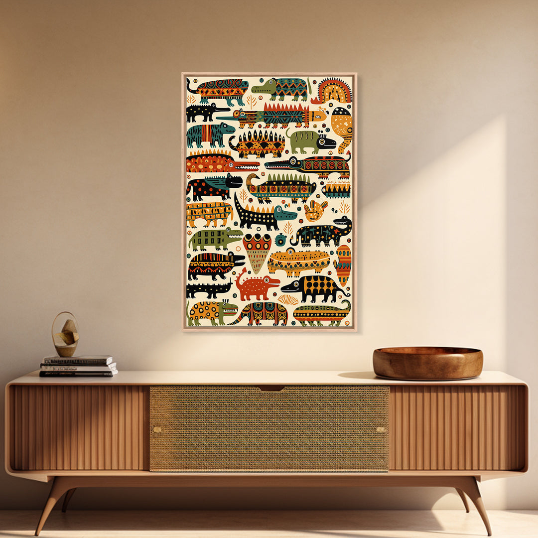 Whimsical Crocodile Pattern Canvas Print, Colorful African Animal Art, Kids Room Wall Decor, Tribal Safari Nursery Art Gift