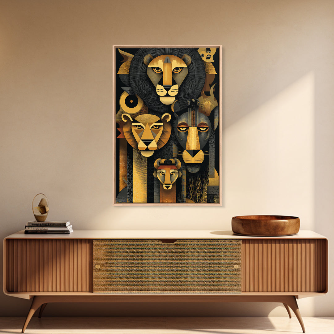 Black And Gold Lion Family Wall Art, Modern African Safari Art, Geometric Animal Portrait, Luxury Canvas Living Room Decor