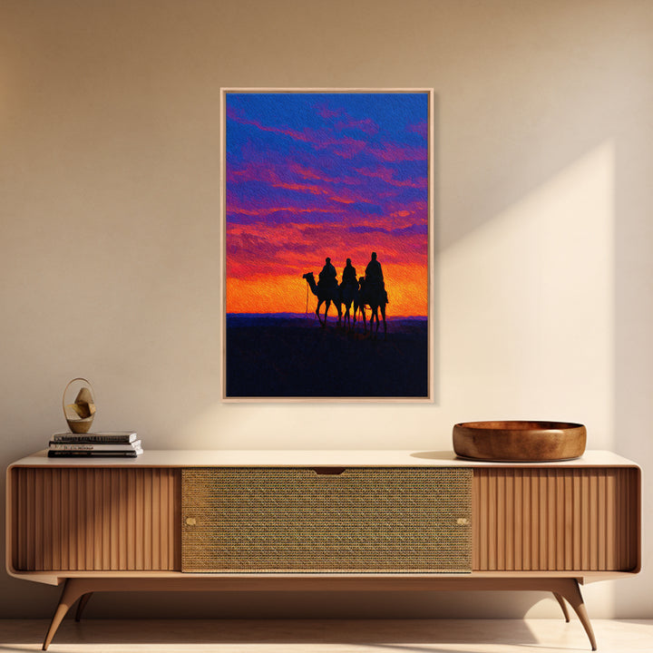 Camel Caravan At Sunset Wall Art, African Landscape Print, Desert Travel Decor, Boho Safari Canvas For Living Room Art Gift