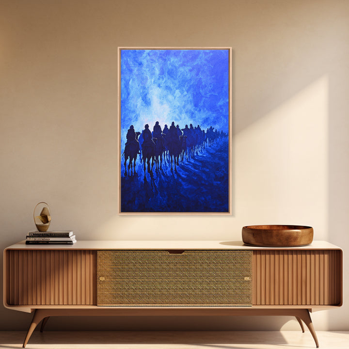 Blue Desert Horse Caravan Canvas Print, African Landscape Art, Sahara Travel Wall Decor, Dreamy Blue Painting For Living Room