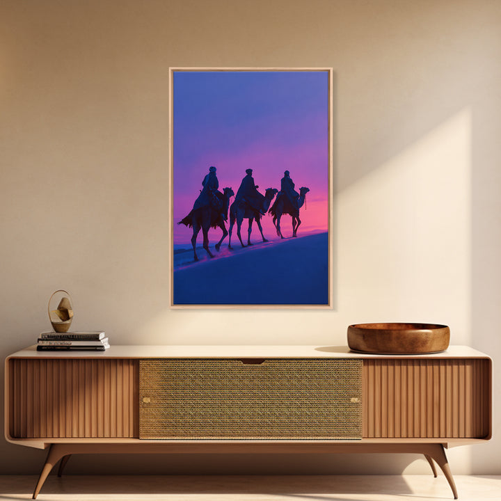 Purple Sunset Camel Riders Canvas Print, African Safari Wall Art, Boho Desert Landscape Decor, Dreamy Bedroom Gift For Her
