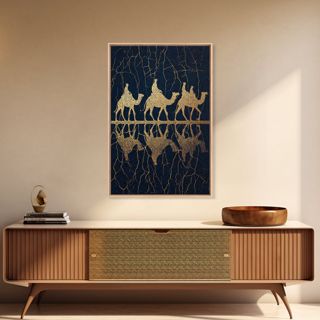 Gold Camel Trio Reflection Framed Canvas Print, African Safari Art, Black Gold Wall Decor, Luxury Desert Statement Piece