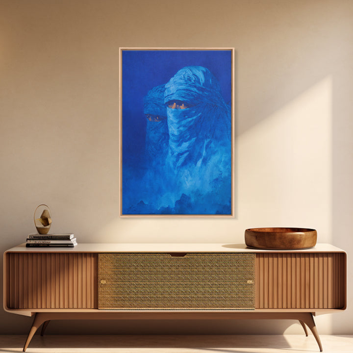 Blue Veiled Tuareg Portrait Wall Art, African Culture Art Print, Sahara Nomad Decor, Mystical Blue Canvas For Bedroom Gift